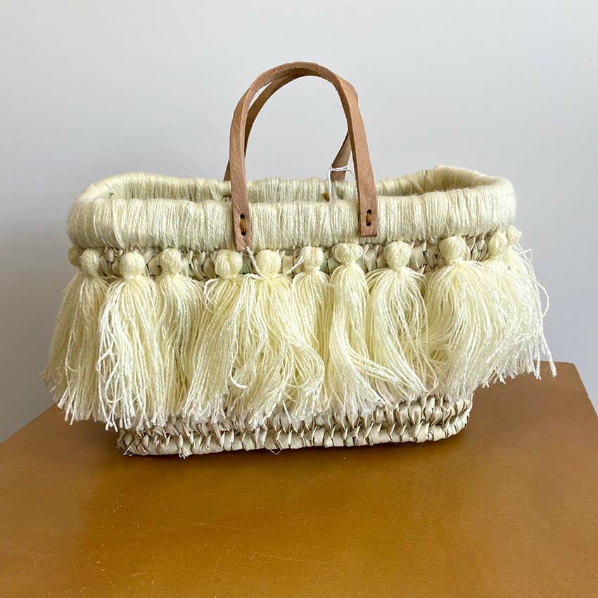 SAC PAILLE Pompons Petit modele Ecru Plume Decoration