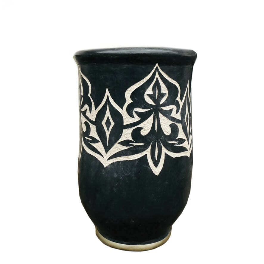 jarre cache pot noir à motifs écrus petit modèle poterie
