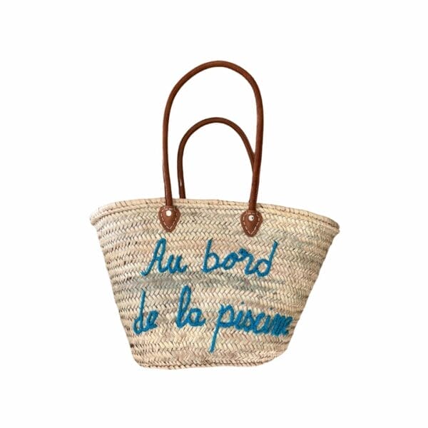 Cabas paille avec anse en cuir et écriture brodé boutique Plume magasin de déco Rouen Le petit Quevilly Normandie