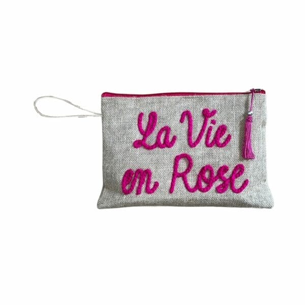 Pochette artisanale "la vie en rose" brodé rose boutique Plume magasin de décoration Rouen le petit Quevilly Normandie
