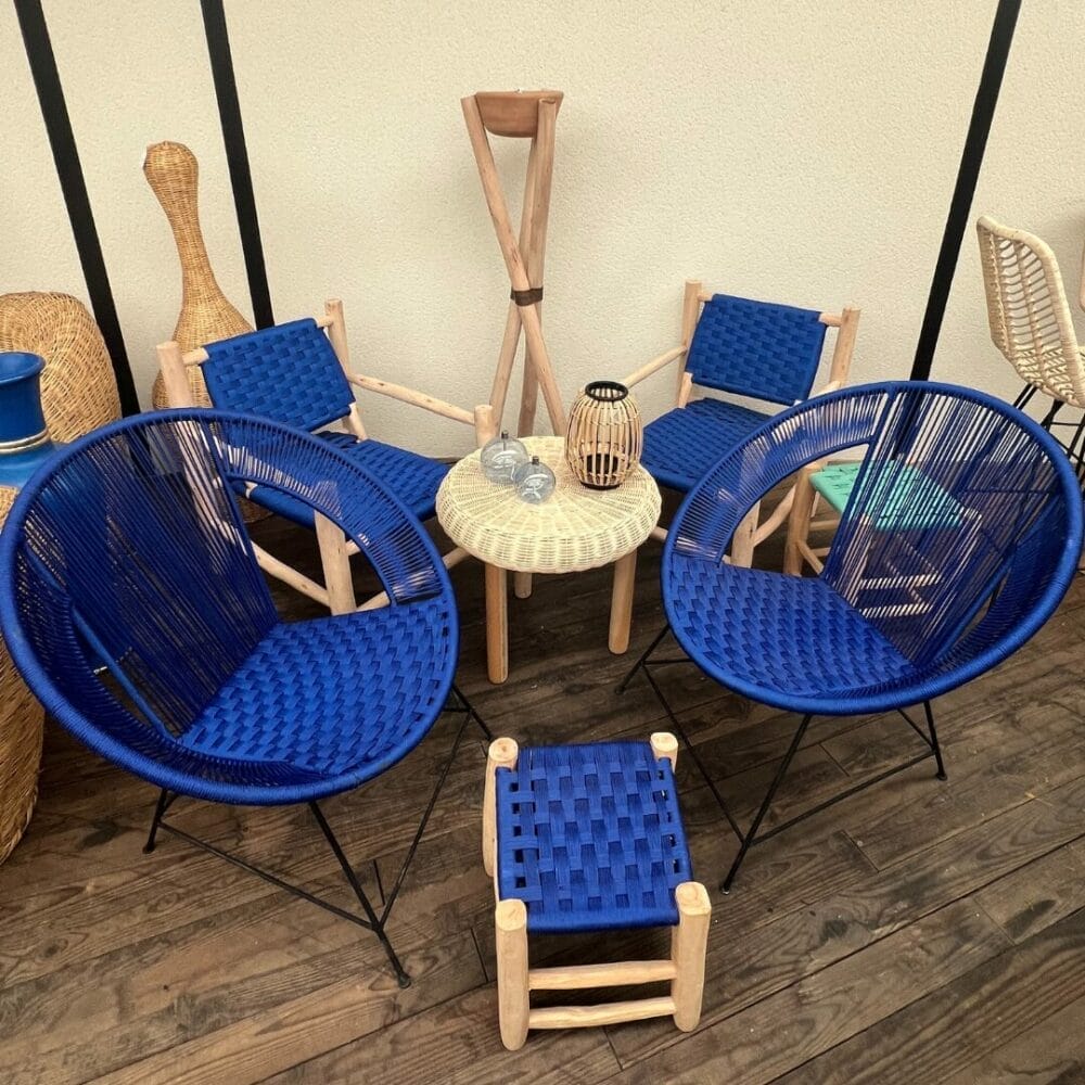 fauteuil en corde tressée et fer forgé bleu majorelle artisanal décoration interieure et extérieure boutique plume magasin de décoration Rouen le petit quevilly normandie