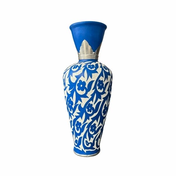 Grande jarre marocaine artisanale bleu Majorelle sculptée à la main 1m40 déco interieure et extérieure boutique plume magasin de décoration Rouen le petit quevilly normandie