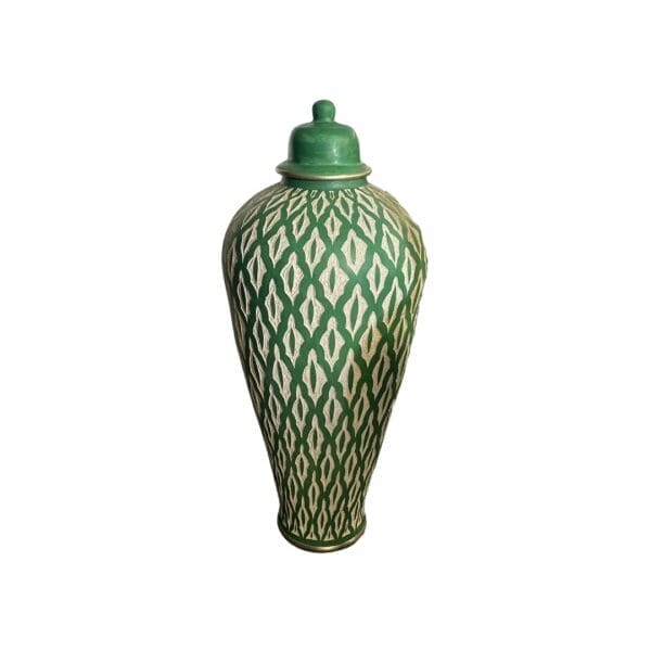 jarre marocaine artisanale en terre cuite verte et blanche sculptée à la main décoration interieure exterieure boutique Plume magasin de déco Rouen le petit quevilly normandie