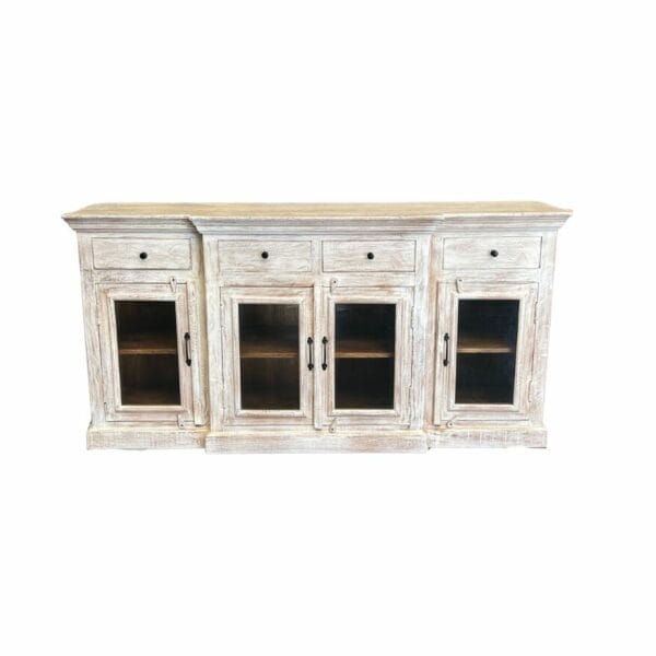 buffet en manguier couleur blanc patiné avec quatre portes vitrines et 4 tiroirs . meuble decoration de la boutique Plume magasin de déco aux docks76 à Rouen normandie
