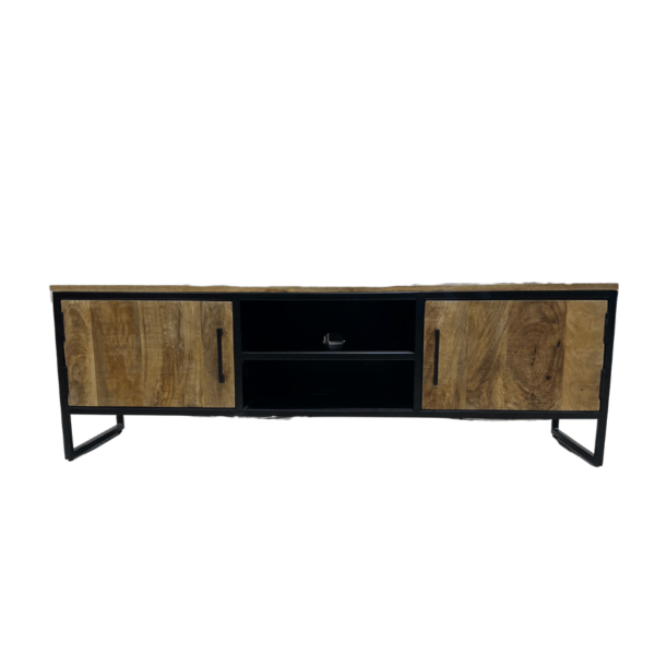 meuble TV style industriel en manguier et métal noir avec des portes de chaque cote meuble décoration de la boutique plume magasin de déco aux docks76 à rouen en normandie
