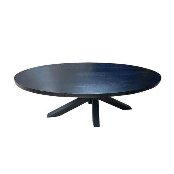 Table ovale en manguier noire avec peid mikado en métal noir meuble décoration de la boutqiue Plume magasin de déco aux docks76 à Rouen normandie
